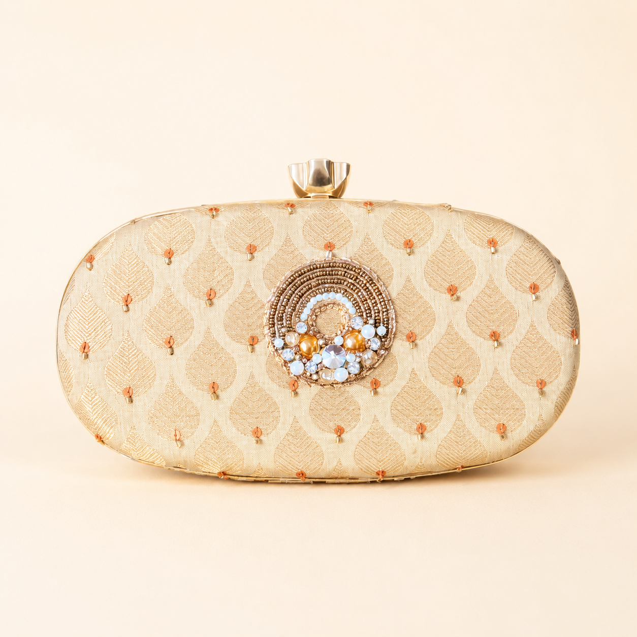 Champagne zari party clutch with hand-beaded medallion