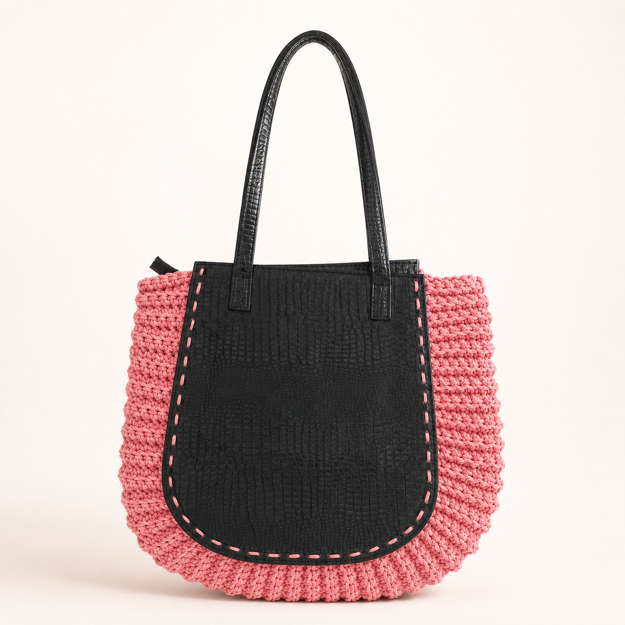 Blush pink ribbed crochet tote with black croc leatherette front panel and slim straps