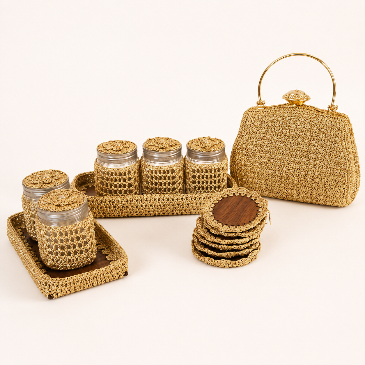 Gold zari crochet set with trays, jar sleeves, coasters and evening bag