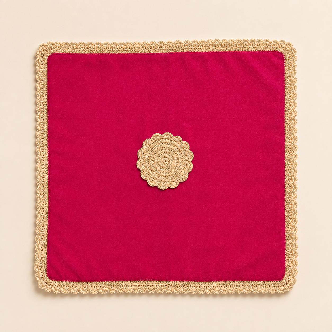 Rani pink puja asana mat with gold crochet border and centre medallion
