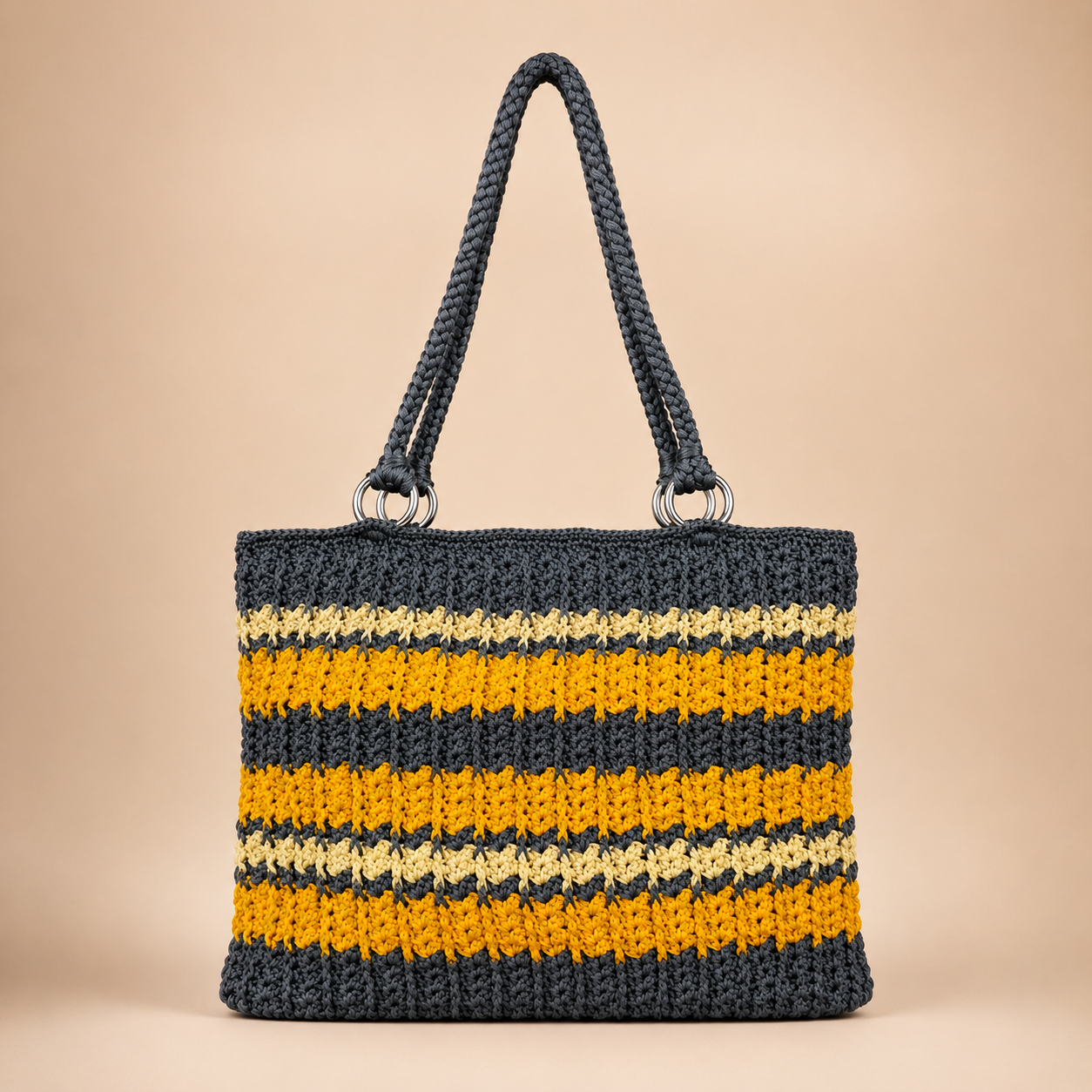 Charcoal and saffron striped crochet tote, front view